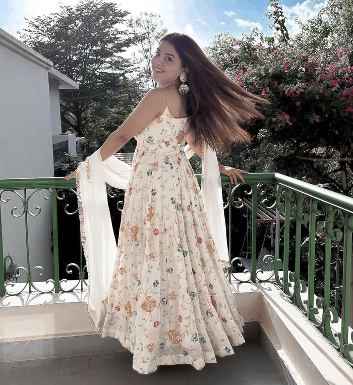 White Floral Embroidered Anarkali Gown with Dupatta | Wedding Ethnic Set
