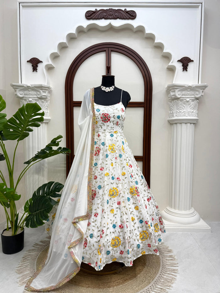 White Floral Embroidered Anarkali Gown with Dupatta | Wedding Ethnic Set