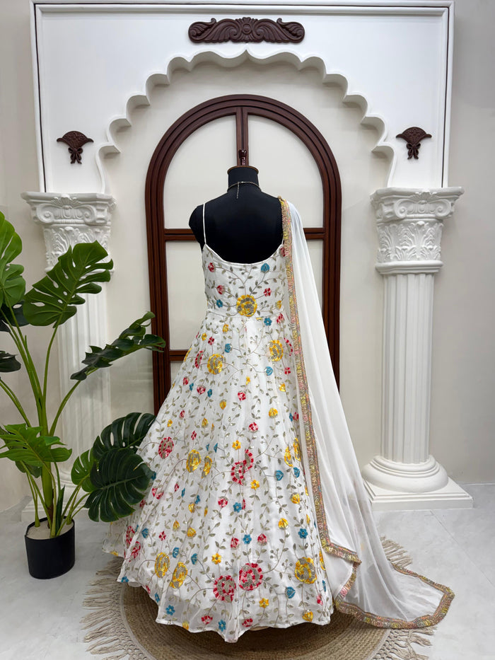 White Floral Embroidered Anarkali Gown with Dupatta | Wedding Ethnic Set