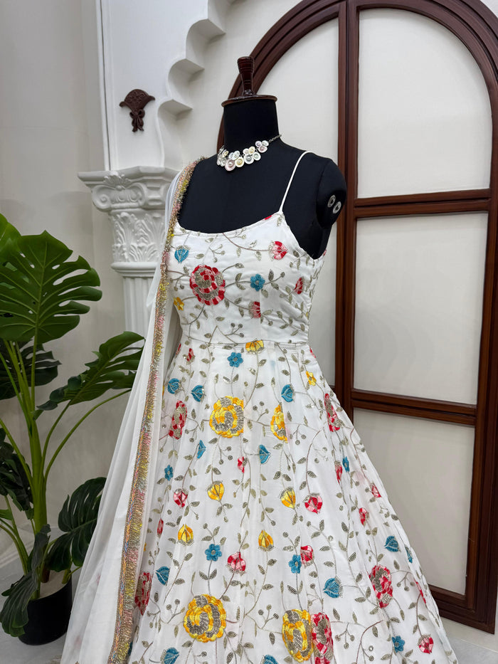 White Floral Embroidered Anarkali Gown with Dupatta | Wedding Ethnic Set