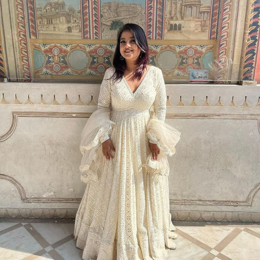 White Lakhnawi Embroidered Georgette Fully Stitched Long Anarkali Suit Set