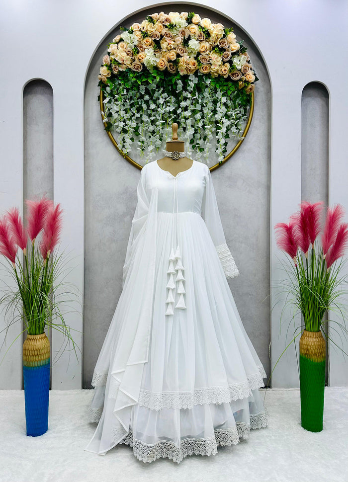 White Long Flair Double Layered Anarkali With Dupatta