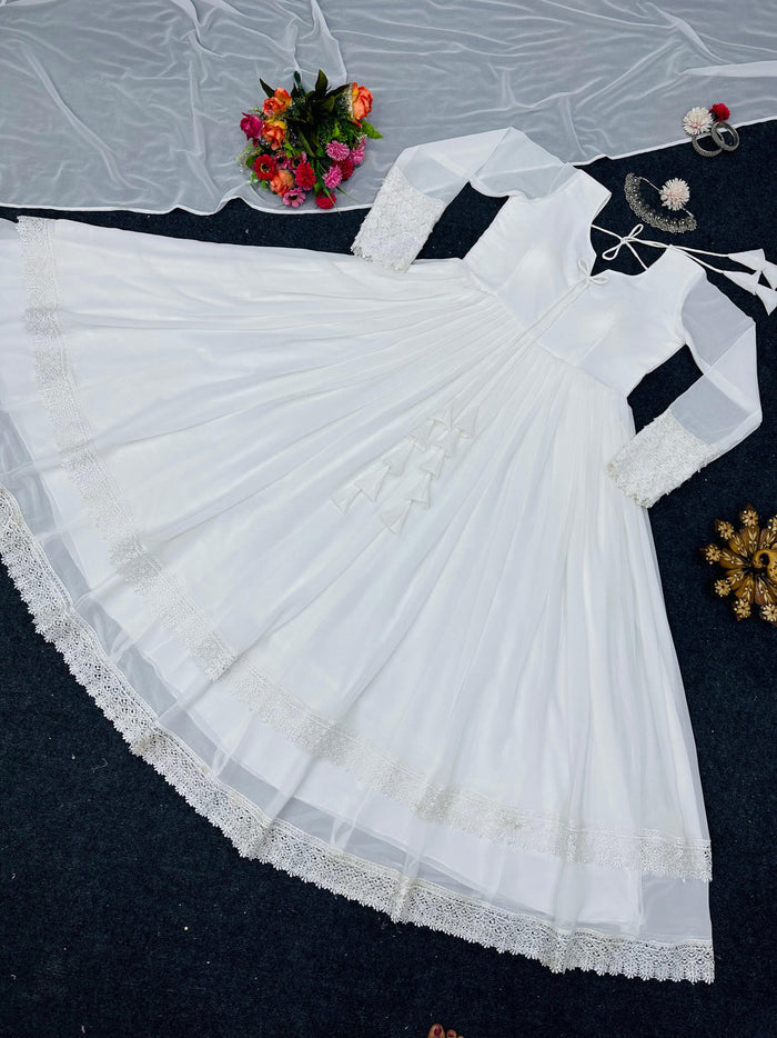 White Long Flair Double Layered Anarkali With Dupatta