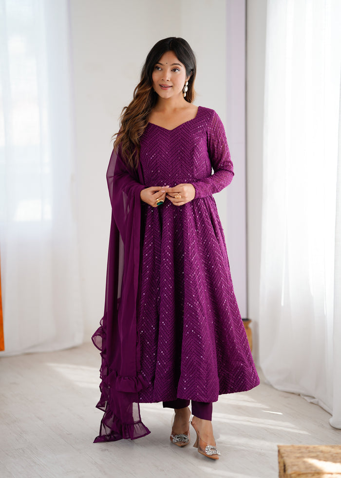 Wine Color Georgette Lucknowi Three Piece Anarkali Suit