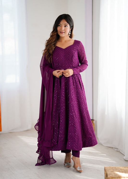 Wine Color Georgette Lucknowi Three Piece Anarkali Suit