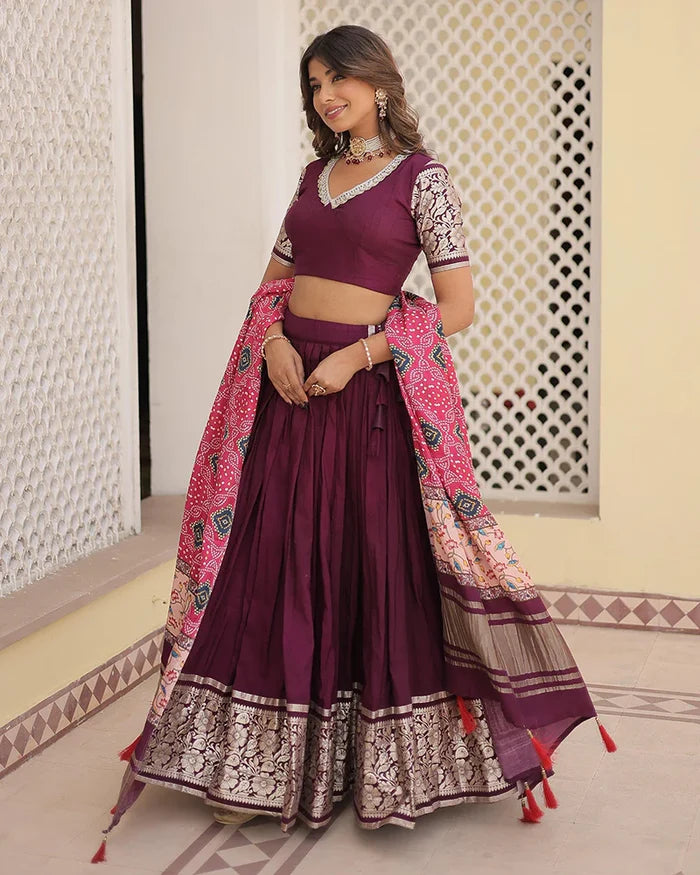 Wine Color Jacquard Lehenga Choli With Gaji Silk Dupatta