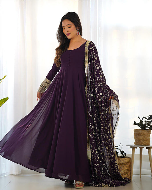 Wine Color Soft Georgette With Heavy Embroidery Work Dupatta Anarkali Suit