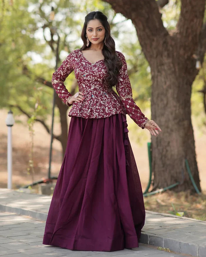 Wine Color Vichitra Shimmer Crop Top Lehenga Choli