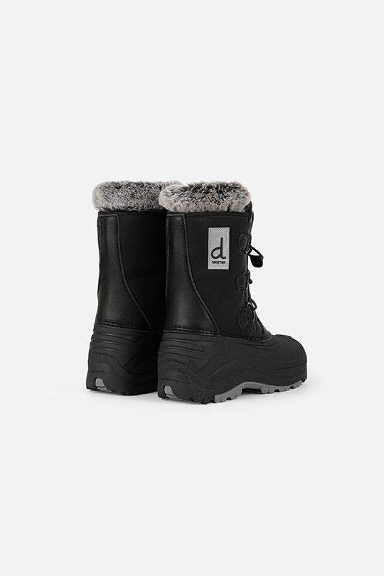 Deux par Deux black kids' winter boots with removable liner, pair, back view