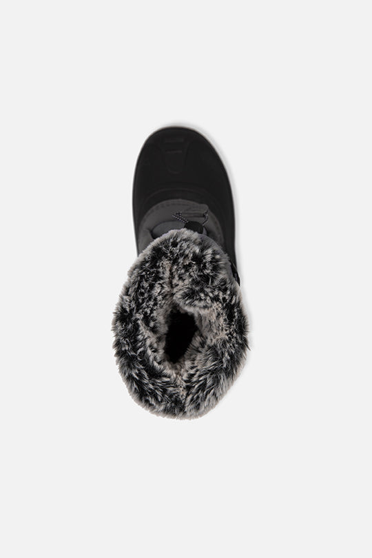 Deux par Deux black kids' winter boots with removable liner, top view of the faux fur collar