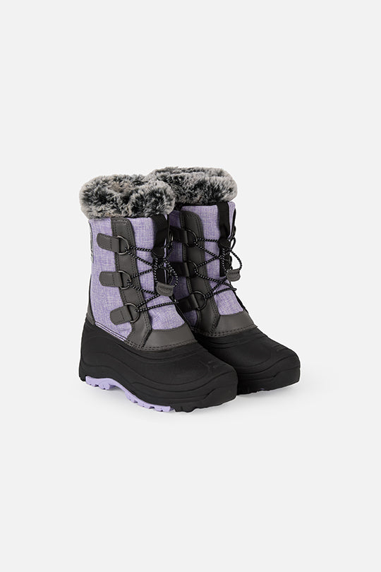 Deux par Deux kids' winter boots with removable liner in lavender and black, pair, side angle