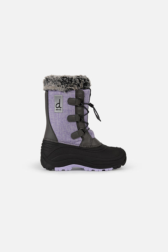 Deux par Deux kids' winter boots with removable liner in lavender and black, single boot, side view