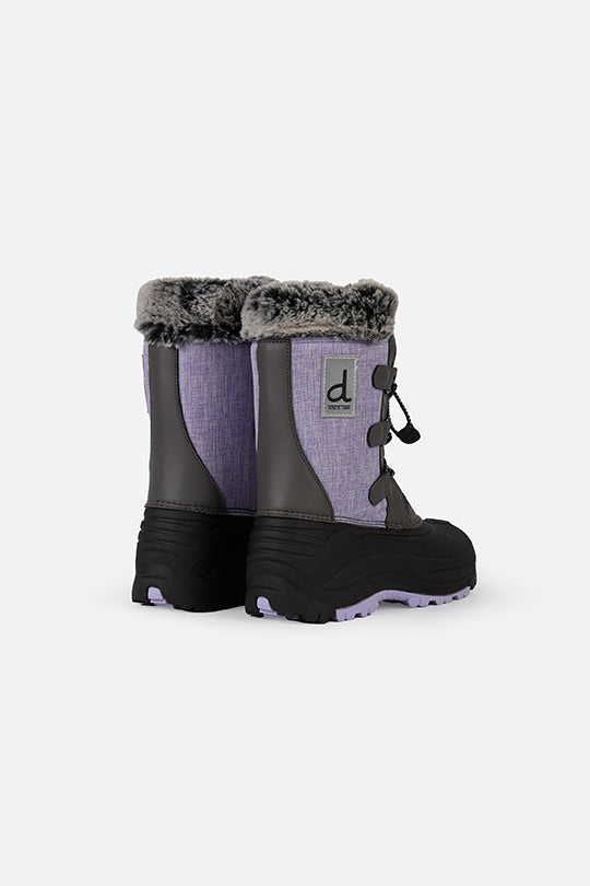 Deux par Deux kids' winter boots with removable liner in lavender and black, pair, back view
