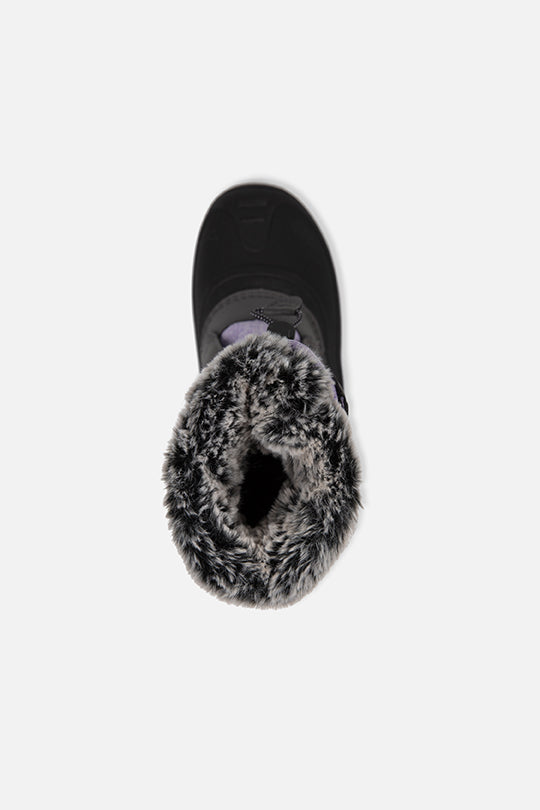 Deux par Deux kids' winter boots with removable liner in lavender and black, top view of the faux fur collar