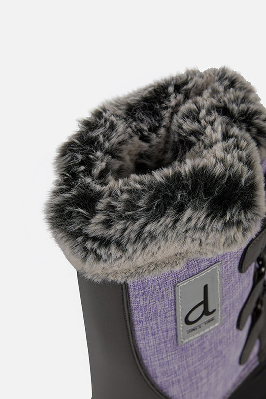 Deux par Deux kids' winter boots with removable liner in lavender and black, close-up of the faux fur trim