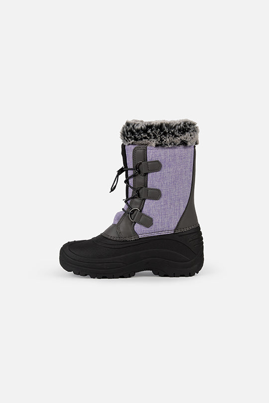 Deux par Deux kids' winter boots with removable liner in lavender and black, single boot, opposite side view