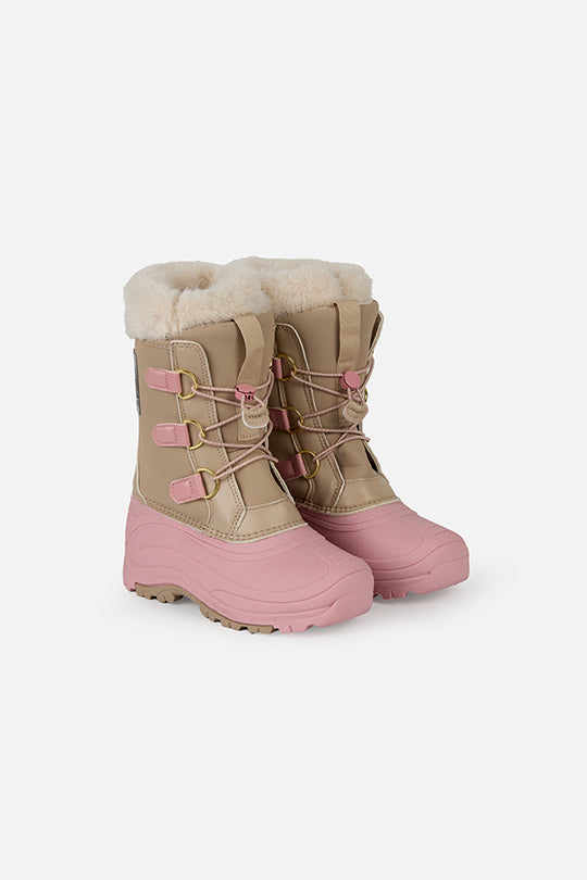 Deux par Deux kids' winter boots with removable liner, beige with pale dusty pink, pair, side angle