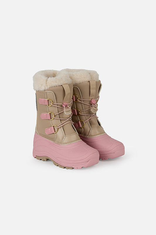 Deux par Deux kids' winter boots with removable liner, beige with pale dusty pink, pair, side angle