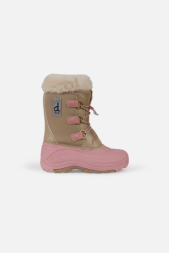 Deux par Deux kids' winter boots with removable liner, beige with pale dusty pink, single boot, side view