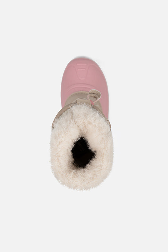Deux par Deux kids' winter boots with removable liner, beige with pale dusty pink, top view of the faux fur collar