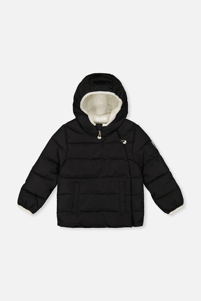 Deux par Deux winter jacket adapted for car seats, black, front view