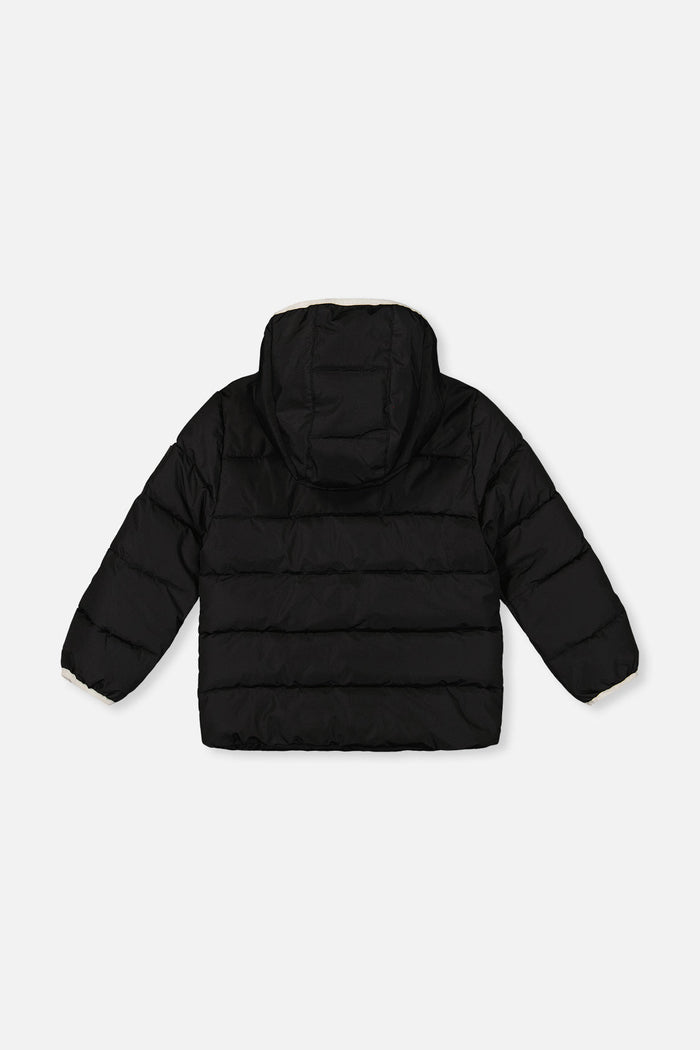 Deux par Deux winter jacket adapted for car seats, black, back view