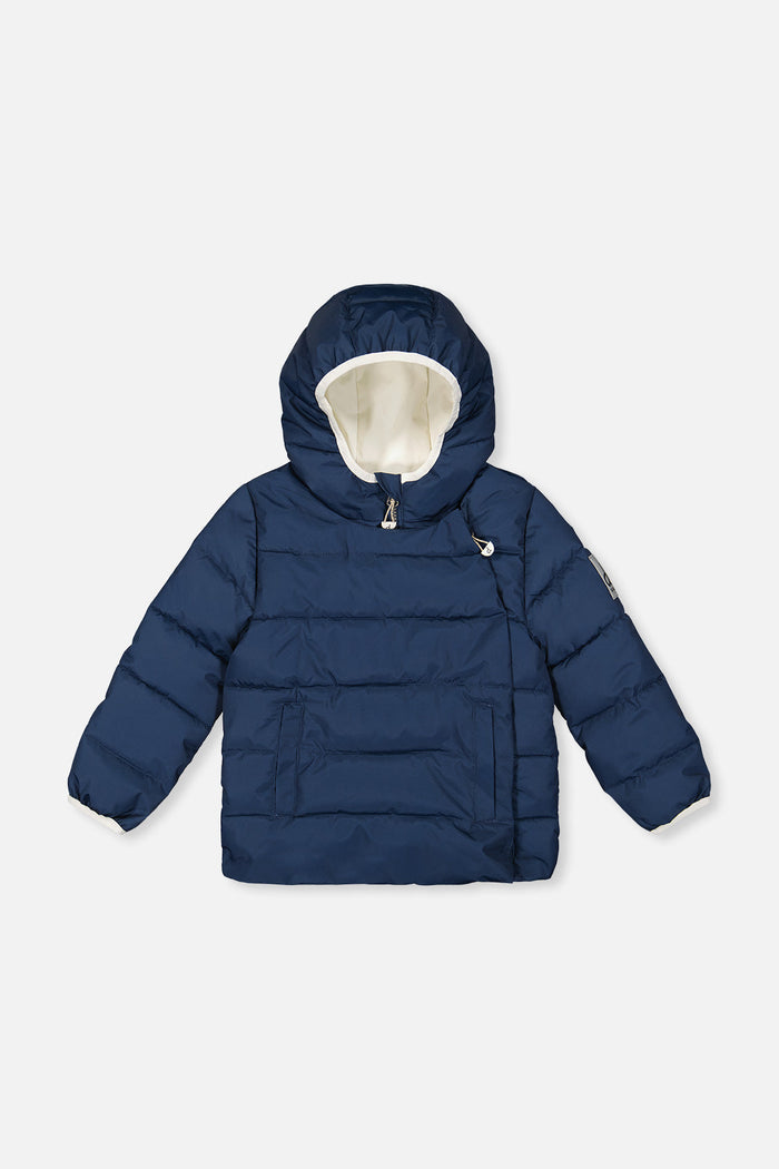 Deux par Deux winter jacket adapted for car seats, dark blue, front view