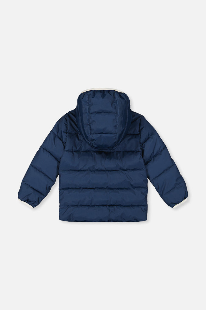 Deux par Deux winter jacket adapted for car seats, dark blue, back view