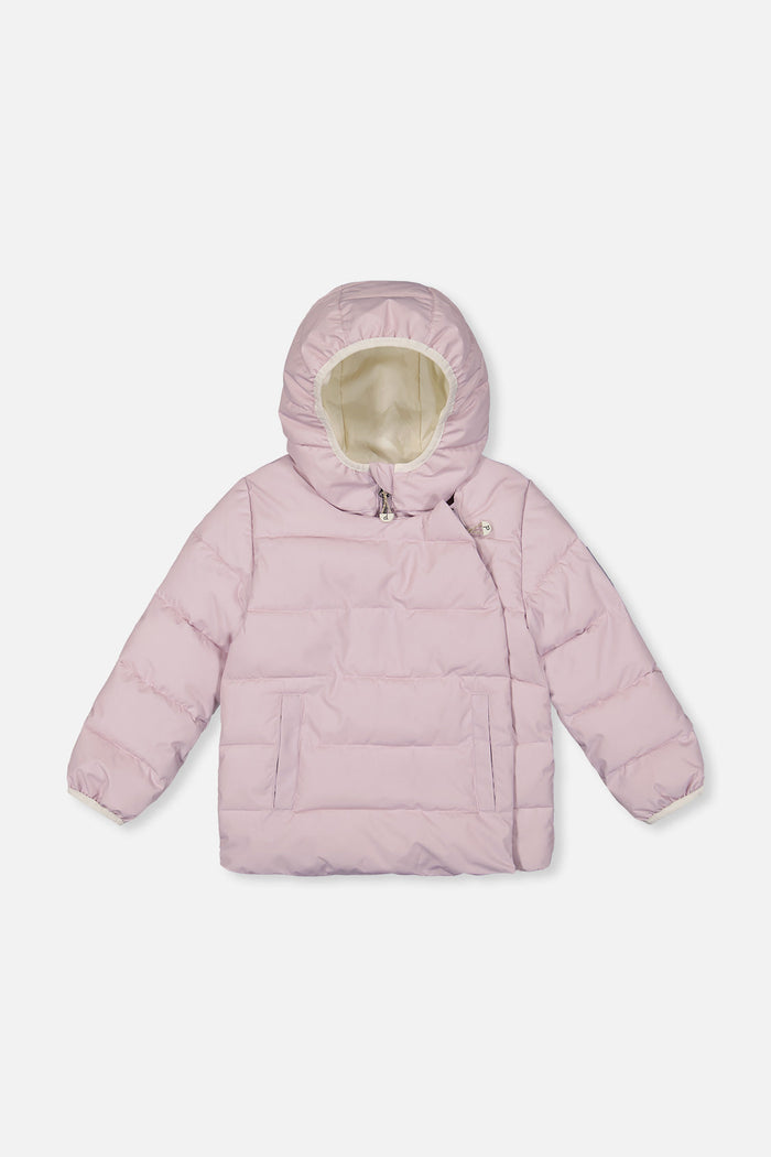 Deux par Deux winter jacket adapted for car seats, lavender, front view