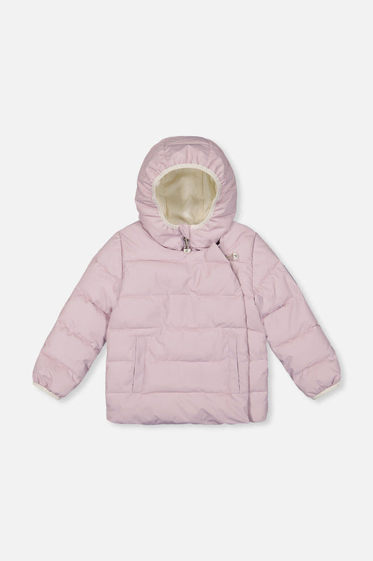 Deux par Deux winter jacket adapted for car seats, lavender, front view
