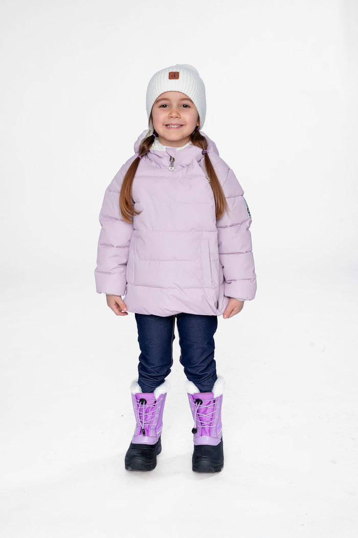 Child wearing the Deux par Deux lavender car seat winter jacket, front view