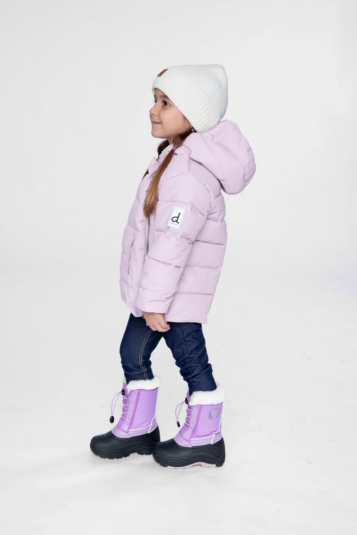 Child wearing the Deux par Deux lavender car seat winter jacket, side view