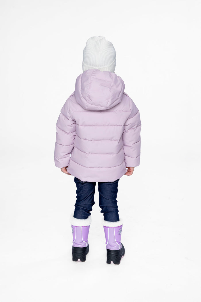Child wearing the Deux par Deux lavender car seat winter jacket, back view