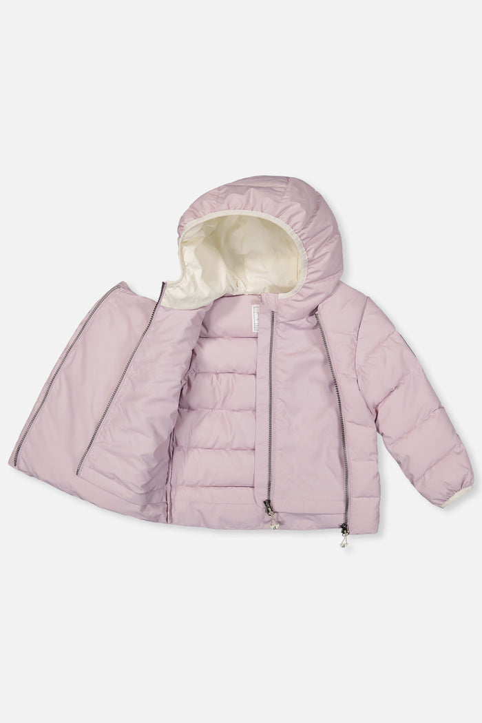 Deux par Deux winter jacket adapted for car seats, lavender, unzipped to show the lining and faux fur-lined hood