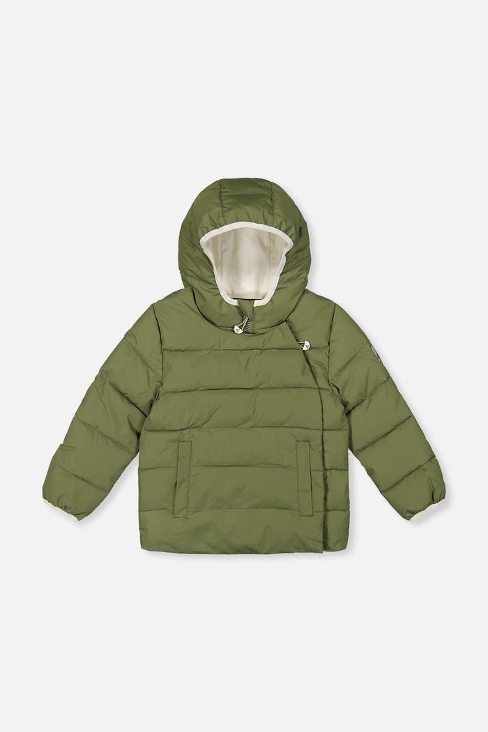 Deux par Deux winter jacket adapted for car seats, olive green, front view
