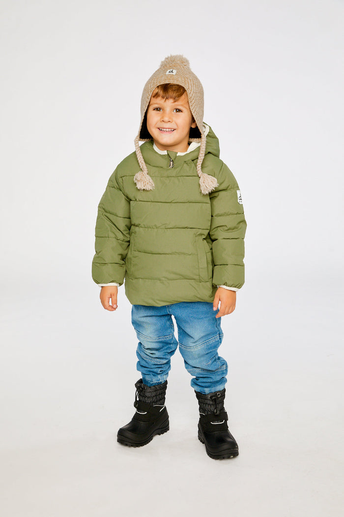 Child wearing the Deux par Deux olive green car seat winter jacket, front view