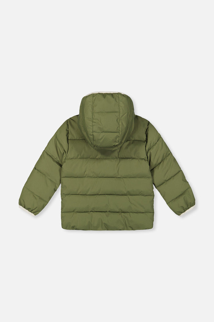 Deux par Deux winter jacket adapted for car seats, olive green, back view