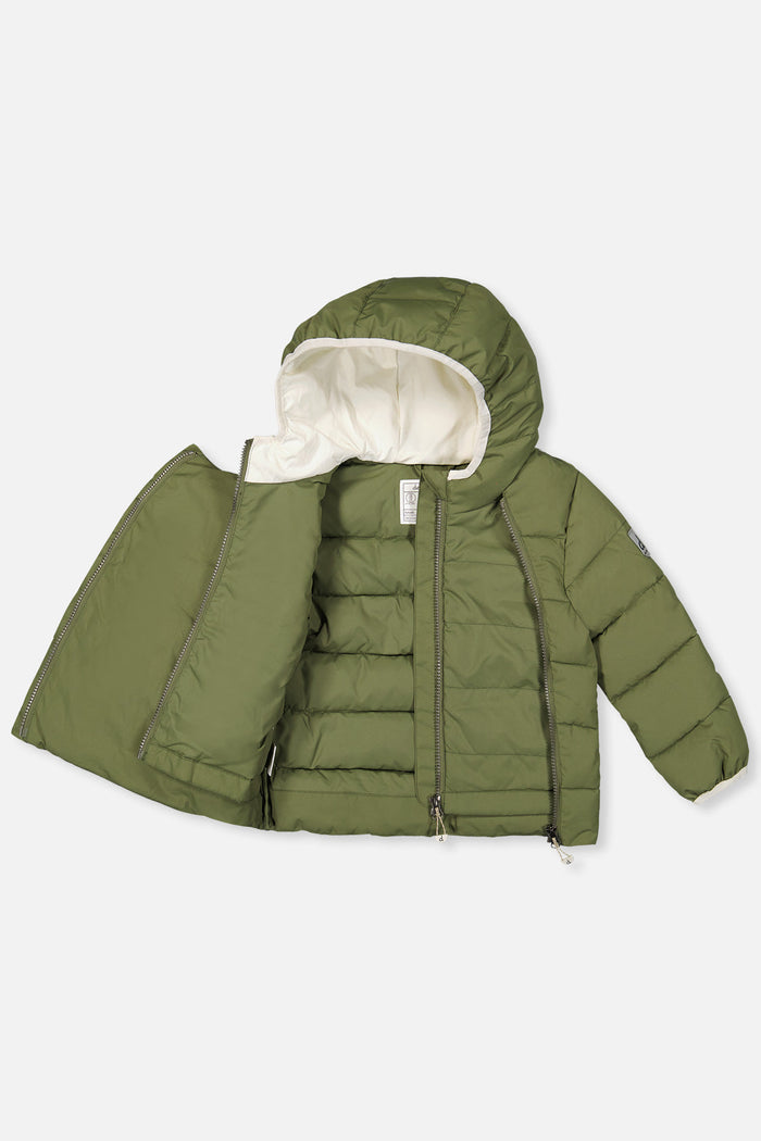 Deux par Deux winter jacket adapted for car seats, olive green, unzipped to show the lining and faux fur-lined hood