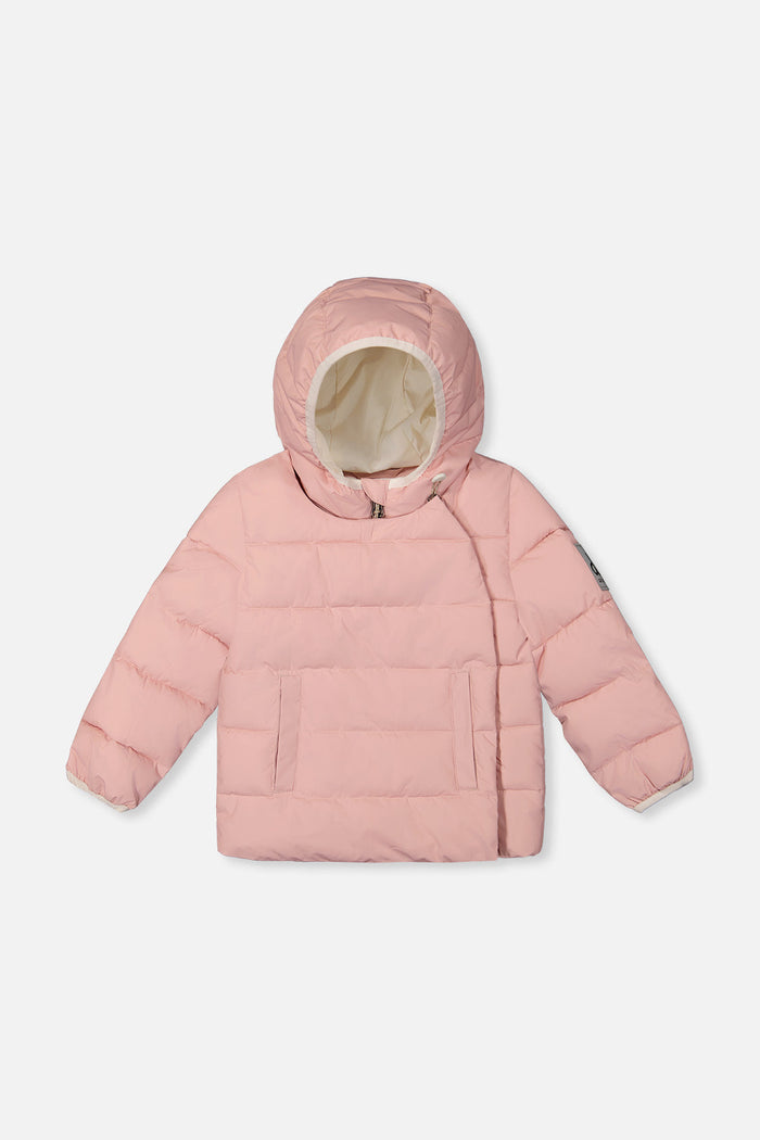 Deux par Deux winter jacket adapted for car seats, pale dusty pink, front view