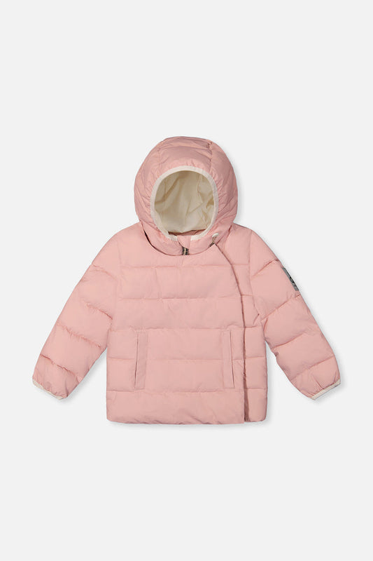 Deux par Deux winter jacket adapted for car seats, pale dusty pink, front view