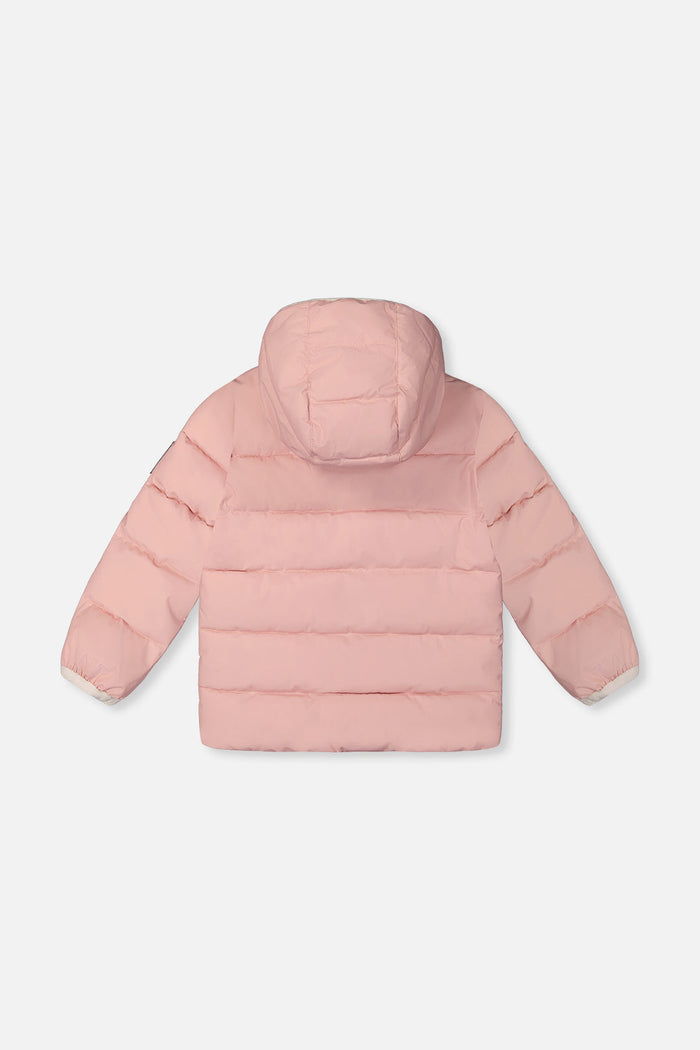 Deux par Deux winter jacket adapted for car seats, pale dusty pink, back view