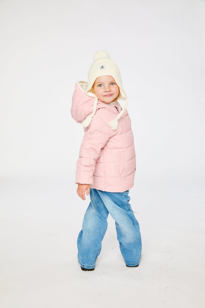 Child wearing the Deux par Deux pale dusty pink car seat winter jacket, side view
