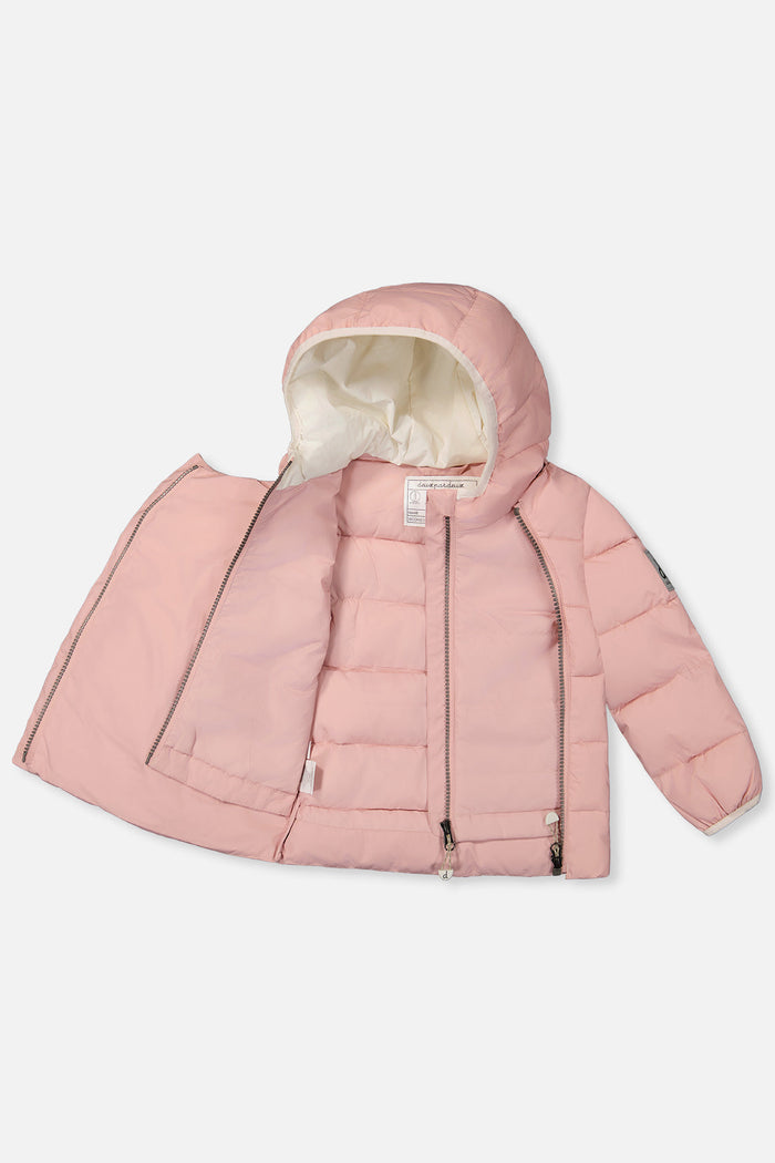 Deux par Deux winter jacket adapted for car seats, pale dusty pink, unzipped to show the lining and faux fur-lined hood