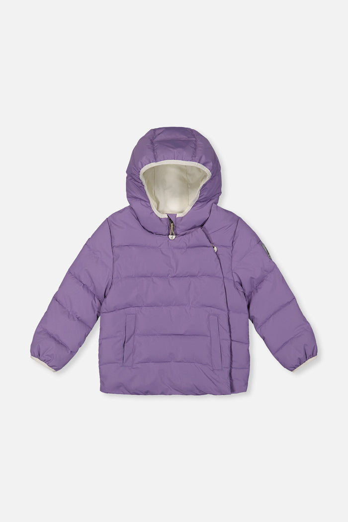 Deux par Deux winter jacket adapted for car seats, violet, front view