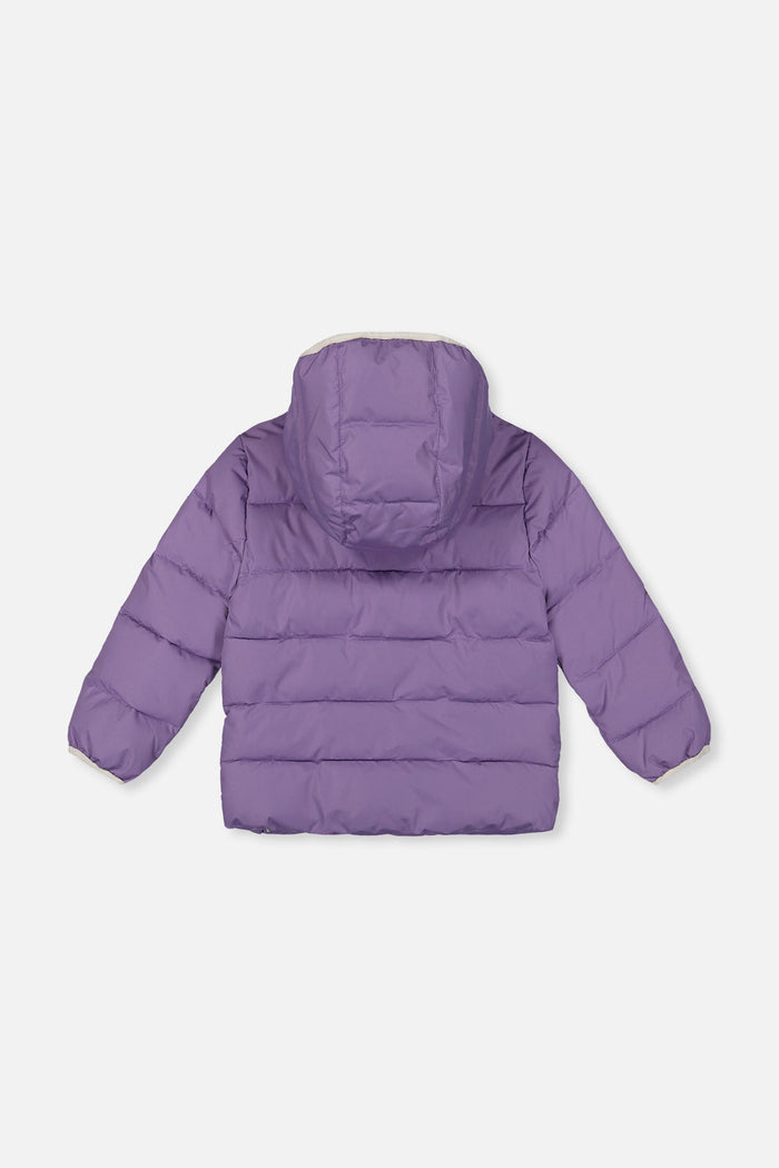 Deux par Deux winter jacket adapted for car seats, violet, back view