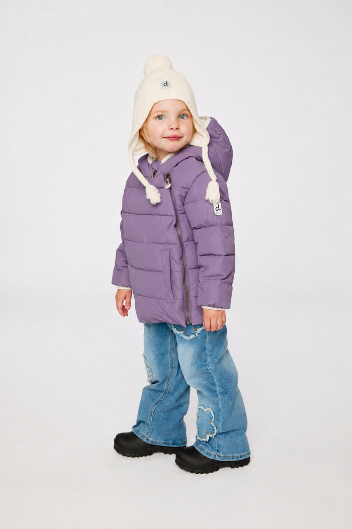 Child wearing the Deux par Deux violet car seat winter jacket, side view