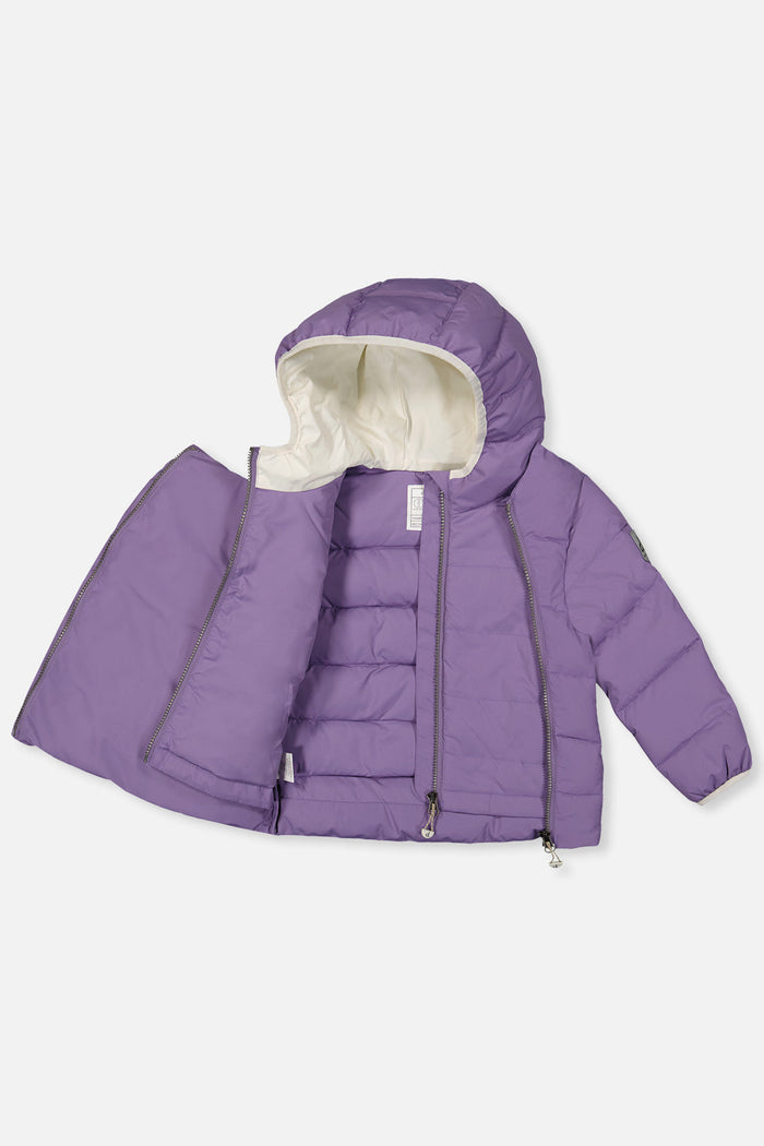 Deux par Deux winter jacket adapted for car seats, violet, unzipped to show the lining and faux fur-lined hood