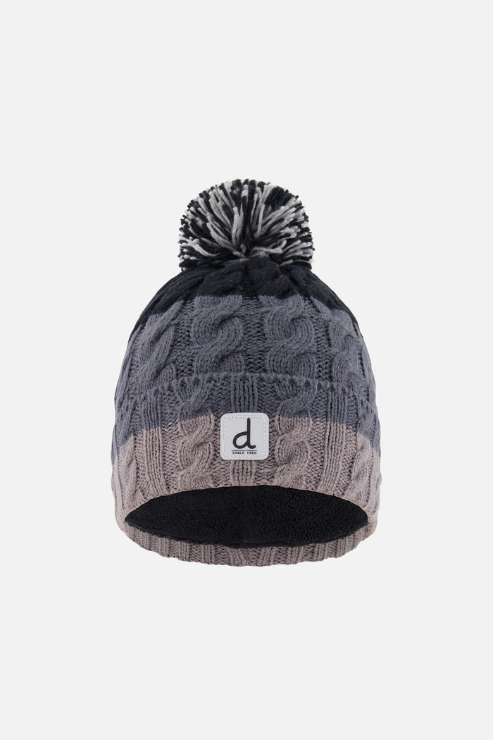 Deux par Deux kids' cable-knit pompom hat, black and grey colour block – front view