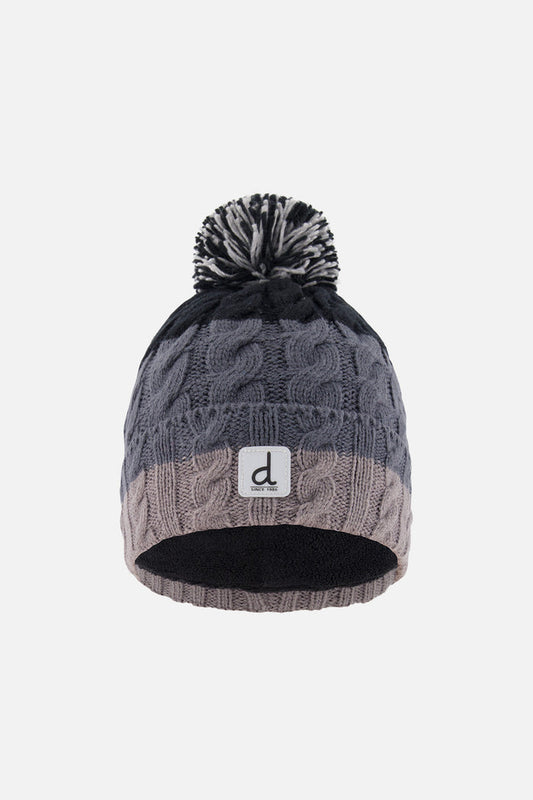 Deux par Deux kids' cable-knit pompom hat, black and grey colour block – front view