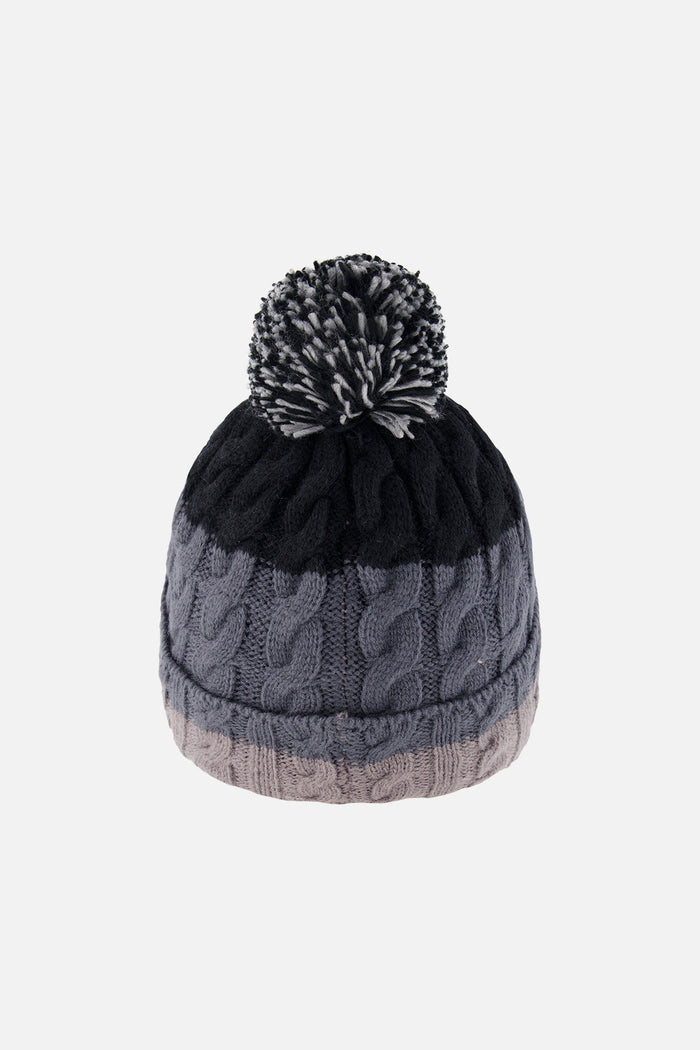 Deux par Deux kids' cable-knit pompom hat, black and grey colour block – back view